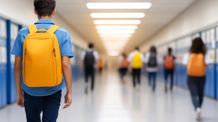 Students with backpacks walk down a school hallway lined with blue lockers, creating a bustling academic atmosphere as they head to their next class.