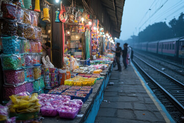 Fototapeta premium A vibrant market scene at a train station, illuminated by lights, showcasing colorful goods and local vendors amidst a tranquil atmosphere.