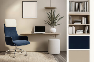 A home office, featuring brand colors of navy blue and beige. The setup includes a laptop on the table, a bookshelf, and a professional executive chair, modern, minimalist interior design.