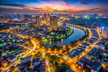 Obraz premium Aerial View of Hanoi at Night - Modern Cityscape from East Satellite Perspective