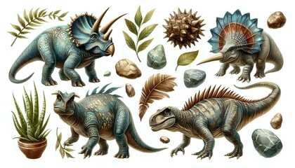 Obraz premium Colorful Dinosaur Illustrations with Botanical Elements