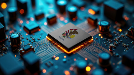 A Illinois branded chip rests on a circuit board, surrounded by glowing components, representing significant contribution to advanced computing technology and hardware.
