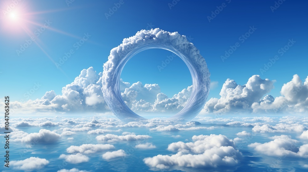 Poster a soft blue background with white clouds flying around a circular shape, creating a fresh airy look.