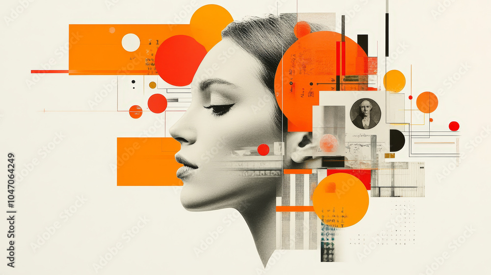 Aufkleber abstract artwork combining a woman's profile with geometric shapes and vibrant orange circles, creat