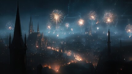 Fototapeta premium A dark European skyline filled with fireworks, leaving space for messaging at the bottom.