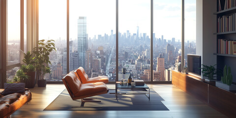 Fototapeta premium Modern futuristic interior of a luxury apartment in big city with curvilinear architecture and furniture decoration.