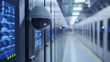 A high-tech security camera monitors a corridor lined with digital screens in a modern facility, emphasizing surveillance and technology.