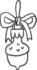 Christmas toy vintage acorn, cute hand drawn line art whimsical illustration in coquette style, png