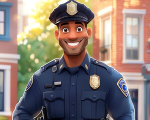 Illustration of a cartoon police officer, confident and approachable, representing dedication to law and order while smiling warmly