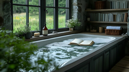 Relaxing Bath With Book and Bubbles - Interior Design Photography
