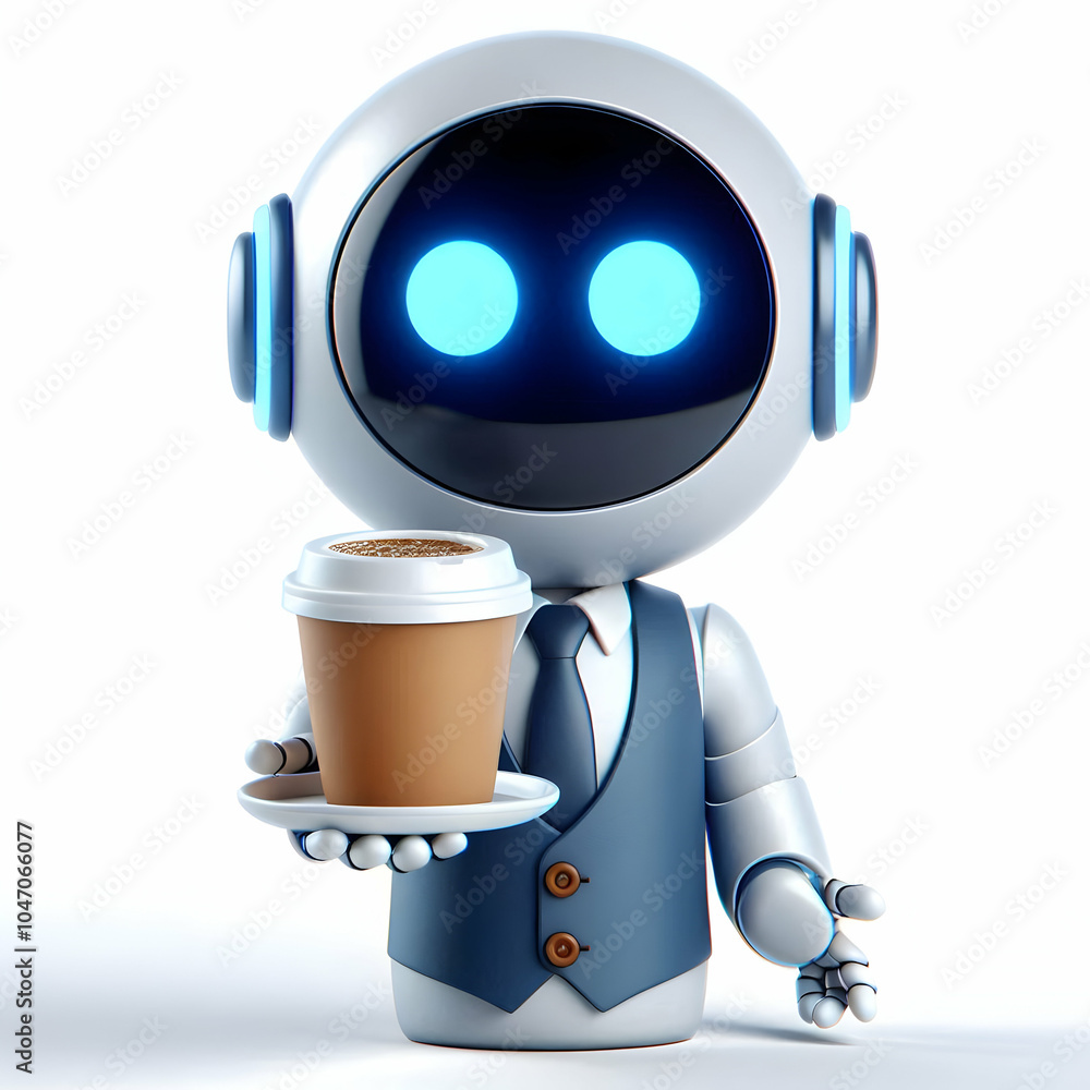 Poster 3d macro shot robot assistant coffee cup concept close-up image small robot offering coffee blending