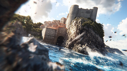sea, coast, Dubrovnik, old town, Croatia, digital art, landscape, sunny day at sea