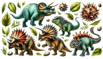 Fototapeta premium Colorful Dinosaur Illustrations with Botanical Elements