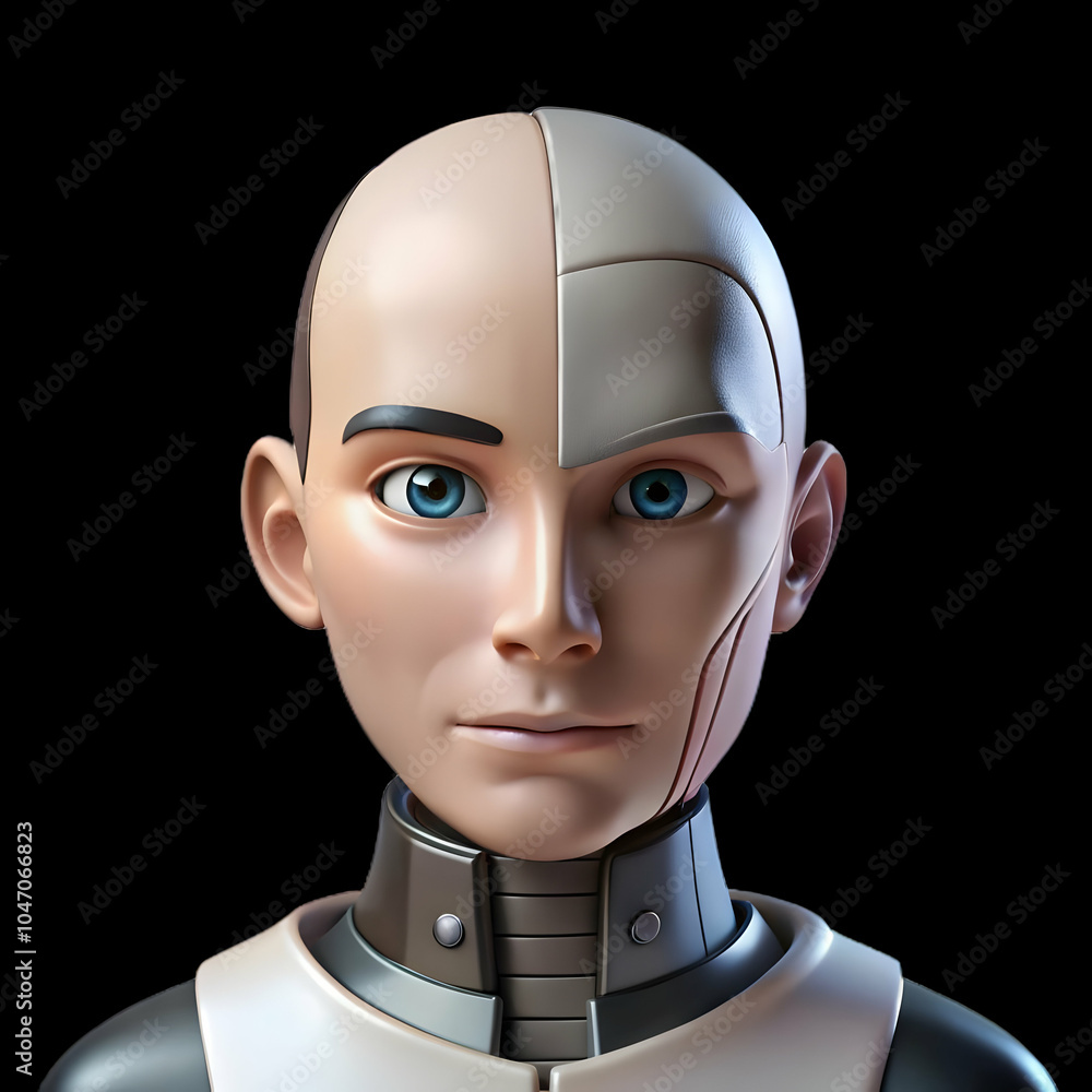 Poster close up macro shot human robot face blend humanity technology sci-fi day concept copy space stock p