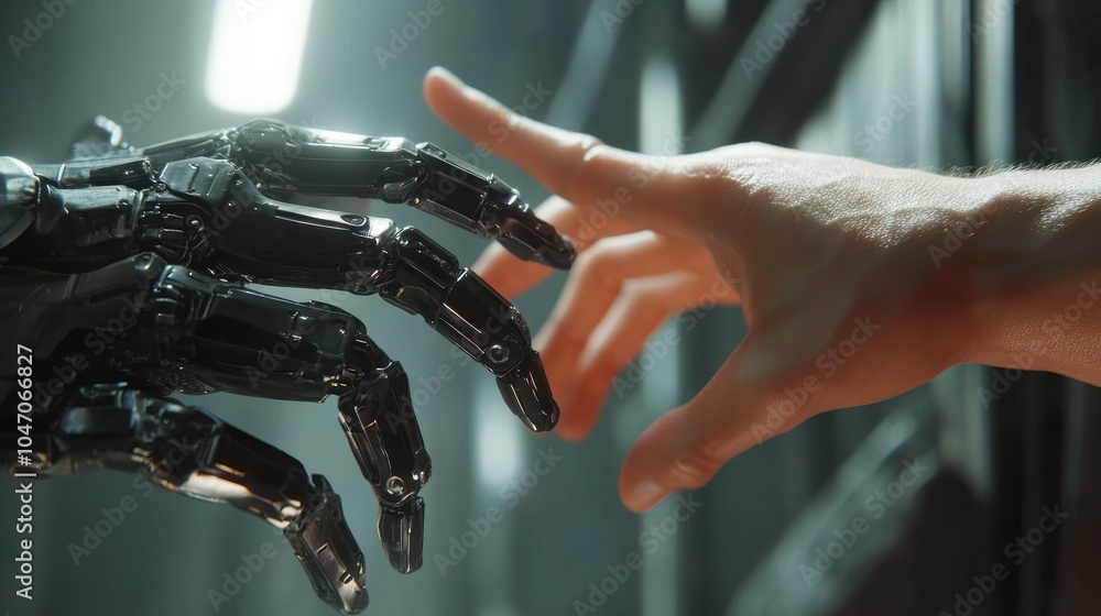 Poster a human hand reaches out to touch a robotic hand, symbolizing the interaction and connection between