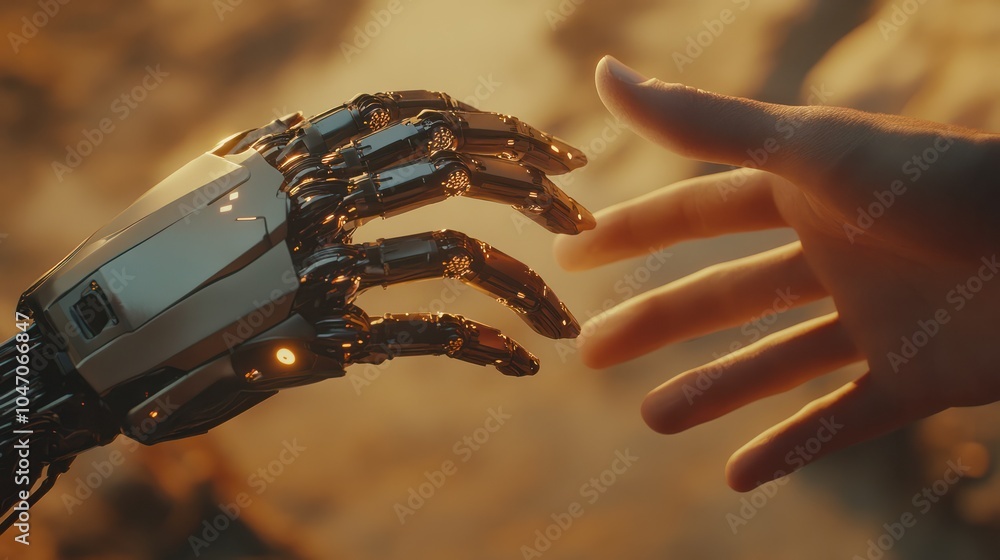 Poster a human hand reaches out to touch a robotic hand, symbolizing the interaction and connection between