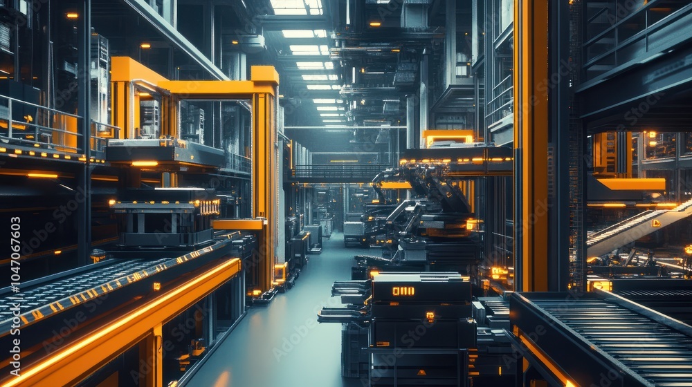 Poster a warehouse with automated sorting systems and robotic arms, showcasing logistics and supply chain e