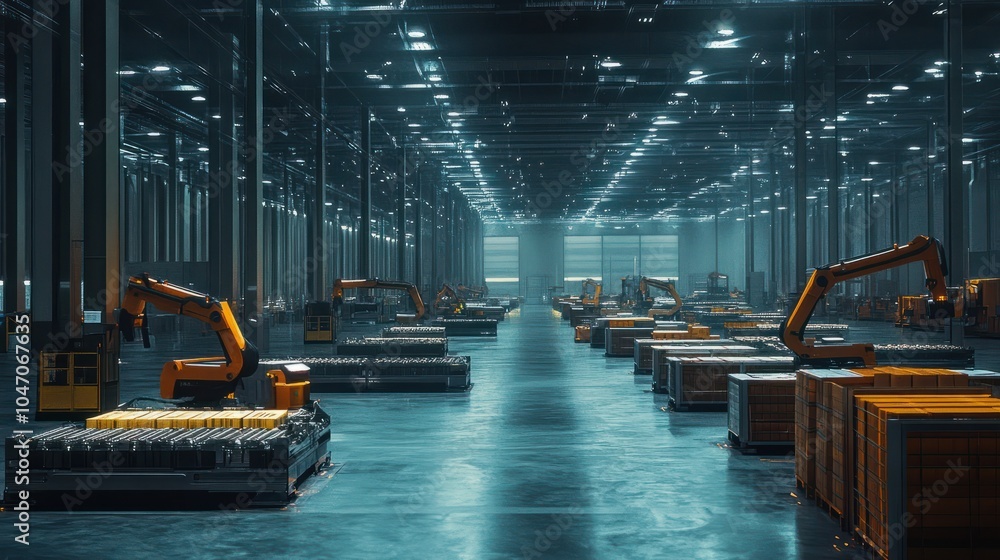 Poster a warehouse with automated sorting systems and robotic arms, showcasing logistics and supply chain e