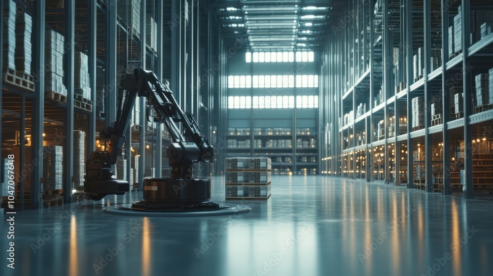 Poster a warehouse with automated sorting systems and robotic arms, showcasing logistics and supply chain e