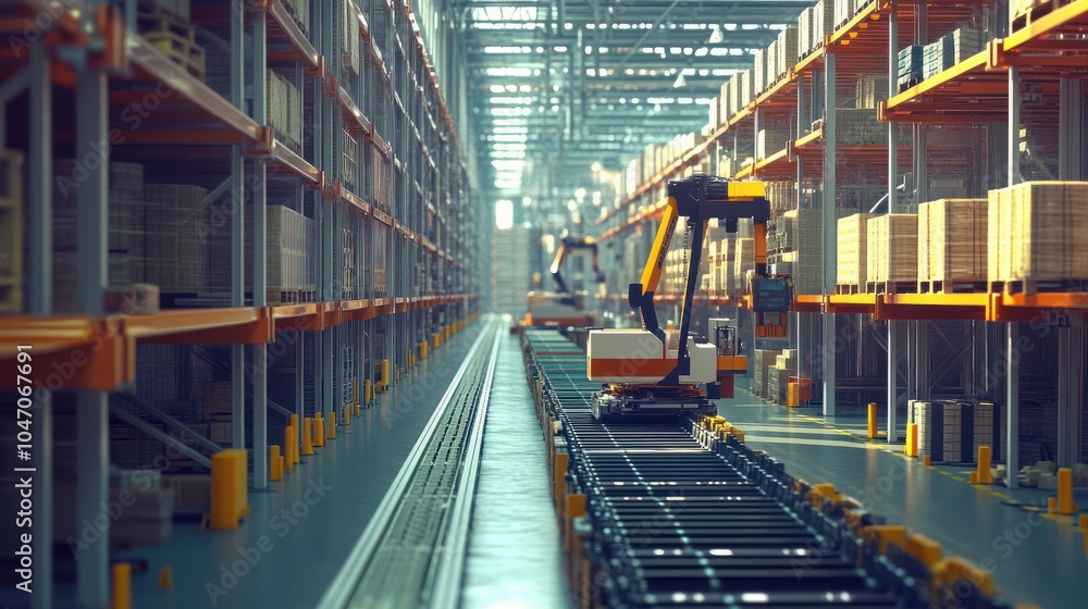 Poster a warehouse with automated sorting systems and robotic arms, showcasing logistics and supply chain e