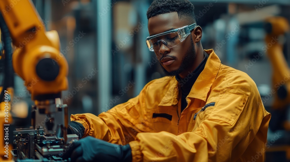 Poster african american engineer working with automatic robotic arm machine in a factory