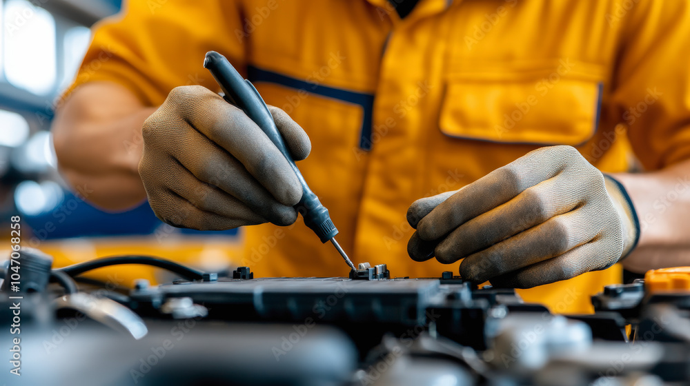 Aufkleber a person in yellow uniform and gloves is using a tool to work on a car engine part in a close-up sho