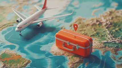 Fototapeta premium 3d rendering illustration Tourist airplane flight with suitcase and pin location map