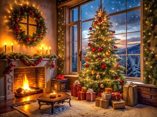 Obraz premium Captivating Christmas 2023 Background: Festive Decor, Snow, and Warm Lights for a Joyful Holiday Atmosphere