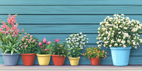 Several flowering plants in containers displayed on a wooden porch, illustration art