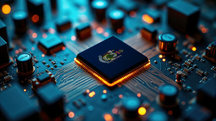 A Maine branded chip rests on a circuit board, surrounded by glowing components, representing significant contribution to advanced computing technology and hardware.