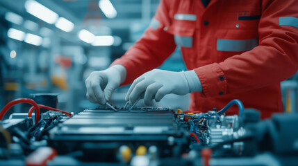 Technician in protective gloves inspects and adjusts components on an electric vehicle battery pack in a modern manufacturing facility.