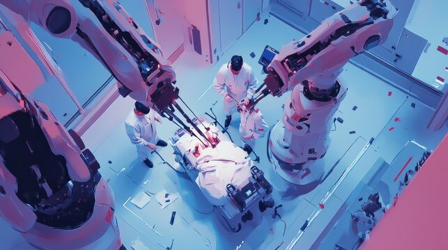 An image of a surgical team using robotic instruments to perform a minimally invasive surgery, with detailed views of the robotic arms and surgical site, highlighting the precision and technological