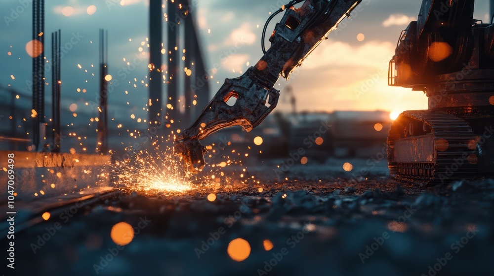 Aufkleber automated robotic arm performing welding tasks at a construction site with sparks flying in the even