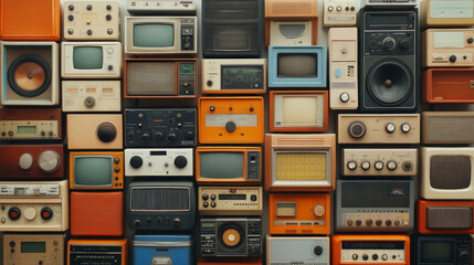 Obraz premium A colorful, vintage-inspired collage of various retro radios and speakers, showcasing diverse styles and designs from a bygone era.