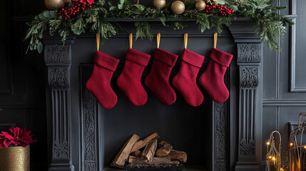 Christmas stocking on fireplace.