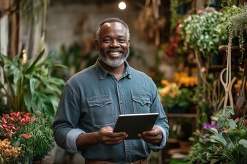 A man is smiling and holding a tablet in a greenhouse