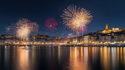 Fototapeta premium Bright fireworks bursting over a European coastal city, with plenty of room for copy or designs.