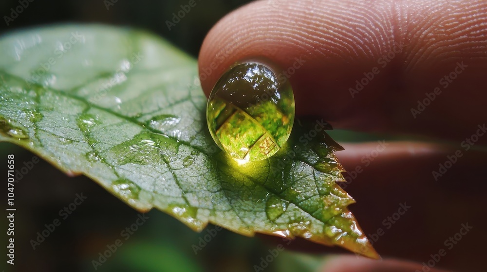 Poster dewdrop on leaf with reflection in macro shot
