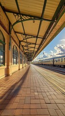 Long train waiting at empty platform in sunny day