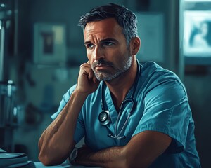 Thoughtful male doctor in scrubs and a stethoscope, deep in thought while pondering a medical diagnosis in a hospital setting