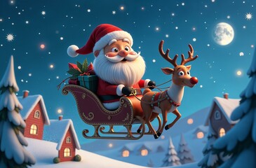 Santa claus with christmas gifts flying in reindeer on a sled in the night sky	