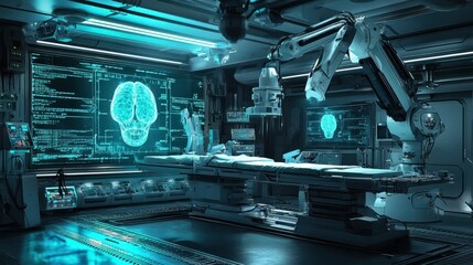 future robotic arms performing automated medical health care operation for future precision surgical robot and remote control hospital equipment as wide banner design with information hologram
