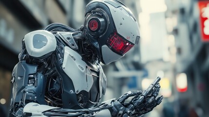 Fototapeta premium Futuristic AI Robot Interacting with a Digital Interface