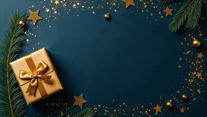 Christmas greeting card with golden gift boxes and Cristmas decorations on dark blue background. Christmas card