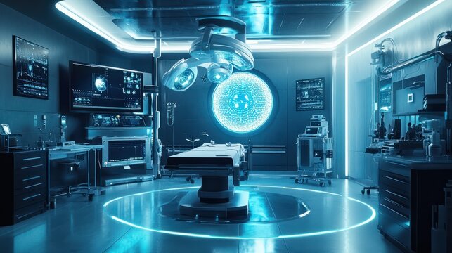 Futuristic operating room, advanced robotic surgery equipment, high-tech medical facility, sterile environment, cutting-edge healthcare technology, modern surgical suite