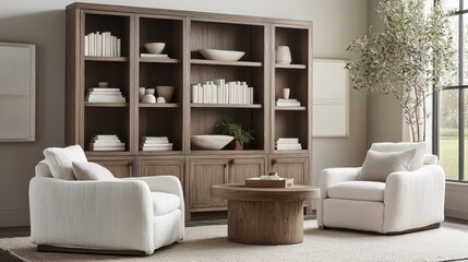 Spacious living room with a tall wooden bookcase, white books and beige accents, and light grey walls, exuding a clean, modern aesthetic.