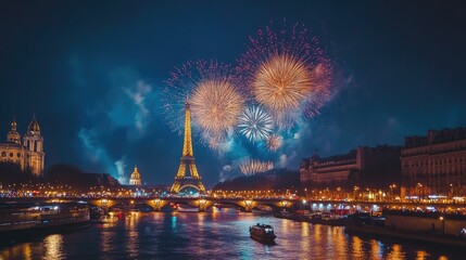Bright fireworks lighting up the night sky in celebration over a European landmark, providing room for messaging.
