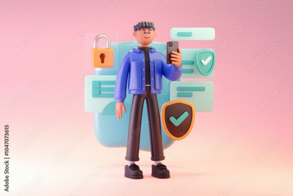 Aufkleber man holding phone surrounded by security icons in 3d.