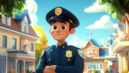 Whimsical cartoon police officer ready to serve and protect, exuding confidence and reliability in a colorful and engaging setting