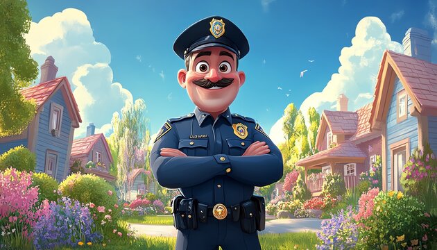 Whimsical cartoon police officer ready to serve and protect, exuding confidence and reliability in a colorful and engaging setting